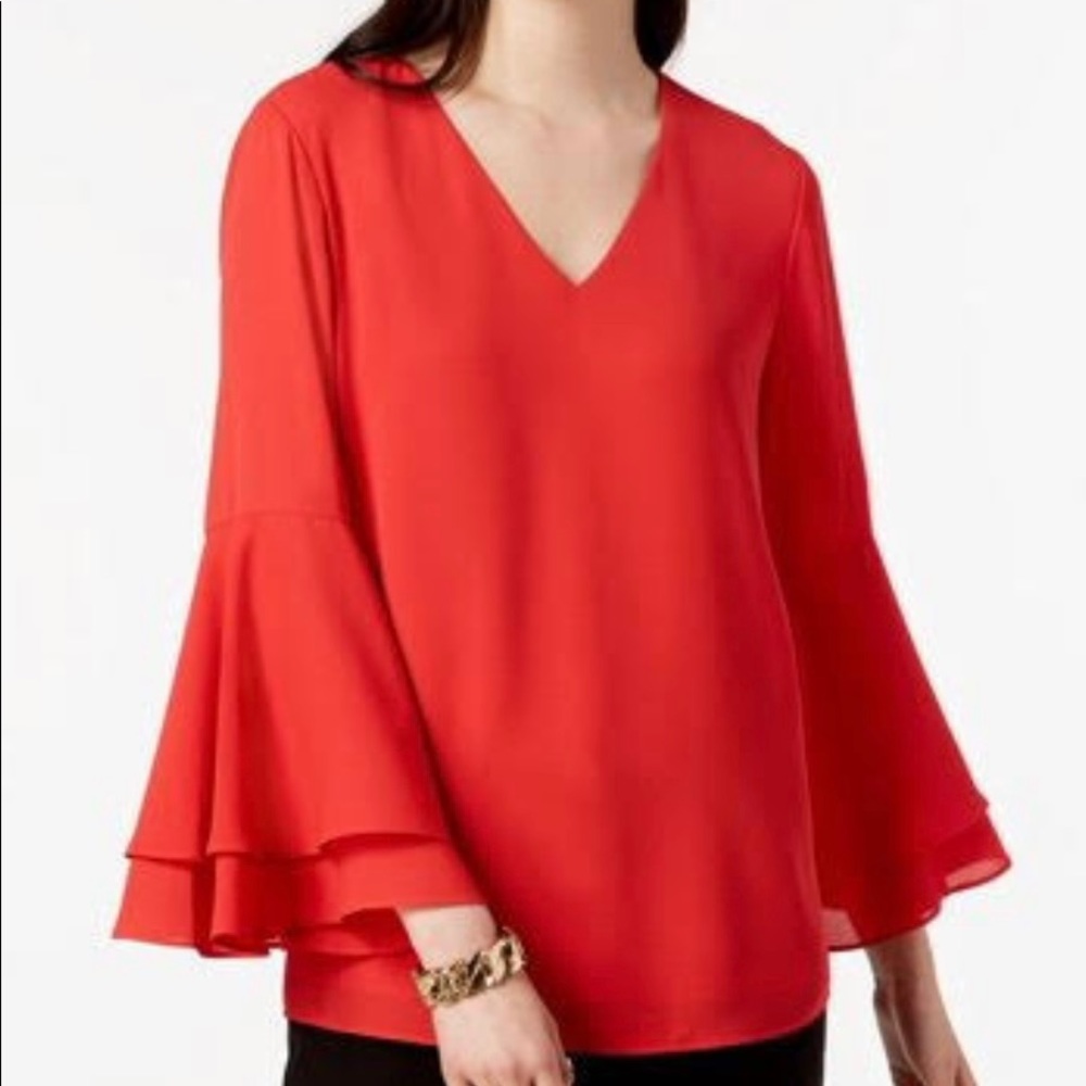 Alfani Women Red V-Neck Long
Bell-Sleeve Pullover Casual Blouse. Sz 16